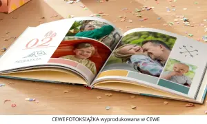 Otwarta fotoksiążka z uśmiechniętymi dziećmi i rodzicami. To dowód, czym dla człowieka mogą być wspomnienia – uchwycone chwile radości i przygody.