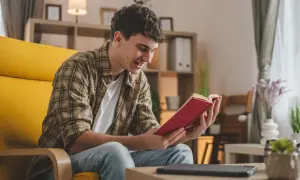 Uśmiechnięty młodzieniec w kratę, siedząc w żółtym fotelu, niedawno czy nie dawno pochłonął się lekturą czerwonej książki.
