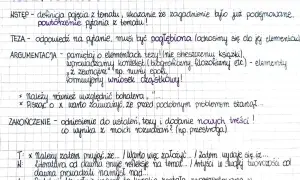 Struktura rozprawki maturalnej: wstęp, teza, argumentacja z kontekstem i wnioskami, zakończenie.