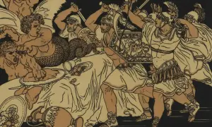 Odyseusz i jego towarzysze walczą z potworami. Scena z mitu, pełna akcji i dramatyzmu.