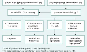 Schemat diagnostyki niedoczynności tarczycy, która może prowadzić do kretynizmu. Analiza TSH i FT4 w surowicy.