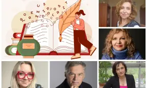 Ilustracja z otwartą księgą i piórem, obok portrety kobiet i mężczyzny. Moim zdaniem to panel dyskusyjny.