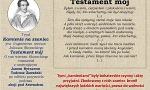 Portret Juliusza Słowackiego obok fragmentu "Testamentu mojego" i cytatu "jak kamienie, przez Boga rzucane na szaniec!".