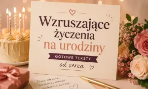 Wzruszające życzenia urodzinowe dla przyjaciółki. Kartka z napisem "Wzruszające życzenia na urodziny", obok tort, prezent i kwiaty.
