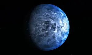 Błękitna planeta z wirującymi chmurami na tle gwiazd. Czy kosmici istnieją? Może właśnie tam?