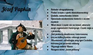 Józef Papkin, grający na lutni w zimowej scenerii, to postać z epoki stanisławowskiej. Jego zemsta jest pełna dwulicowości i przechwałek.