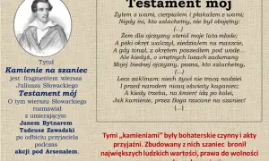Fragment "Kamienie na szaniec" z "Testamentu mojego" Słowackiego. Opowiada o bohaterstwie i poświęceniu w walce o wolność.