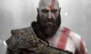 Kratos, bóg wojny z greckiej mitologii, z groźnym spojrzeniem i charakterystycznym czerwonym znakiem na twarzy.