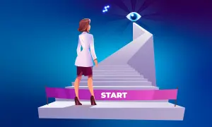 Kobieta w białej marynarce stoi przed schodami z napisem "START". Czy powinna zacząć wchodzić, czy wahać się?