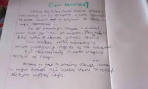 Zapisany ręcznie tekst o bohaterze książki "Chłopcy z Placu Broni" - Nemeczku.