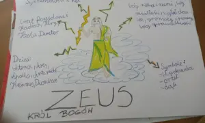 Zeus, król bogów, władca Olimpu, syn Kronosa i Rei. To co to jest mit, pokazuje jego potęgę, władzę nad niebem i ziemią, symbolizowaną przez błyskawice.