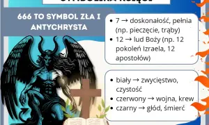 Symbolika Apokalipsy św. Jana: 666 to symbol zła, a obok diabeł, krzyż i księga.