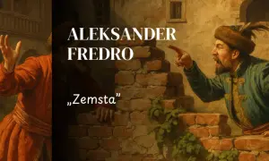 Dwóch mężczyzn w strojach z epoki kłóci się na tle ceglanego muru. Jeden wskazuje palcem, drugi gestykuluje. Tytuł "Zemsta" Aleksandra Fredry.