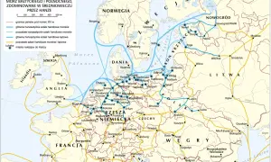 Średniowieczne szlaki handlowe Hanzy, łączące miasta od Anglii po Inflanty, z zaznaczonymi trasami morskimi i lądowymi.