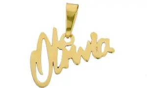 Złoty wisiorek z napisem "Oliwia" w ozdobnej czcionce. Idealny prezent dla każdej Oliwii.