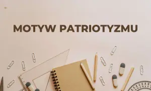 Motyw patriotyzmu na tle przyborów szkolnych: zeszyt, ołówki, linijka, cyrkiel, spinacze.