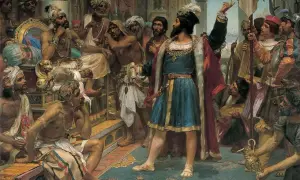 Vasco da Gama przemawia do władcy Indii, otoczony dworzanami i żołnierzami.