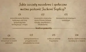 Przemiana Jacka Soplicy: zarzuty (zabójstwo Stolnika, zdrada narodu) i kontrargumenty (działalność patriotyczna, walka o wolność).