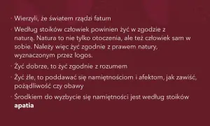Stoicyzm kontra epikureizm: według stoików żyj w zgodzie z naturą i rozumem, unikając namiętności, co prowadzi do apatii.