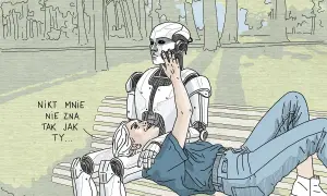 Robot i człowiek na ławce w parku. Ona mówi: "Nikt mnie nie zna tak jak ty...". Czy to początek degrengolady?