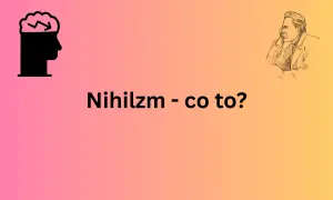 Czarna głowa z mózgiem i strzałką symbolizuje rozważania nad nihilizmem. Obok szkic Nietzschego.