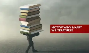 Postać dźwiga stos książek, symbolizując ciężar zbrodni i kary w literaturze.