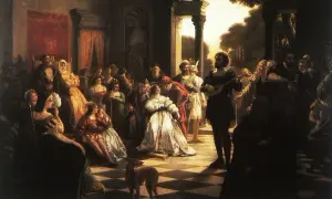 Scena z obrazu "Potop" Radziwiłła: dwór w barokowych strojach, muzyka i taniec.