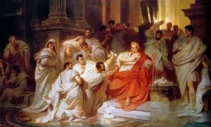 Senat Rzymu w białych togach, z Cezarem w czerwonej szacie, symbolizującym potęgę SPQR.