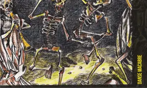 Szkielety tańczą w rytm muzyki granej przez jednego z nich. Obraz przedstawia taniec śmierci, danse macabre, w mrocznej, stylizowanej oprawie.