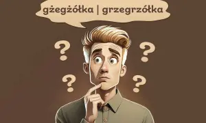Zamyślony mężczyzna z pytajnikami wokół głowy zastanawia się nad słowem "gżegżółka".
