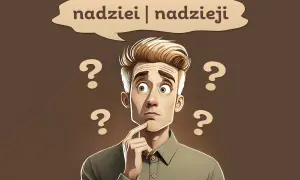 Zamyślony mężczyzna otoczony znakami zapytania, zastanawia się nad słowami "nadziei | nadzieji".