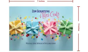 Kolorowe prezenty i konfetti na niebieskim tle. Napis "Zum Geburtstag Alles Gute" i "Mögen all deine Wünsche in Erfüllung gehen!" to życzenia urodzinowe po niemiecku.