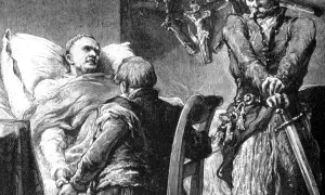 Jacek Soplica zabił Stolnika. Scena z umierającym Stolnikiem, klęczącym młodzieńcem i stojącym z mieczem.