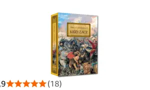Okładka książki "Krzyżacy" Henryka Sienkiewicza przedstawia dynamiczną scenę bitwy.
