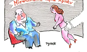 Satyra: mężczyzna z pieniędzmi siedzi, a kobieta w bieliźnie ucieka przed "niewidzialną ręką rynku".