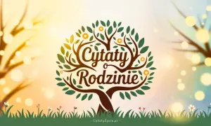 Drzewo życia z napisem "Cytaty o Rodzinie". Ciepłe, słoneczne tło z bokeh.