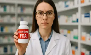 Farmaceutka z poważną miną trzyma białą buteleczkę z czerwonym napisem "OSTRZEŻENIE FDA".