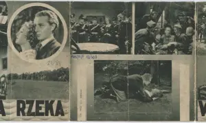 Kolaż scen z filmu "Wierna rzeka": para w okręgu, żołnierze, scena w lesie, kobieta z mężczyzną na rękach.