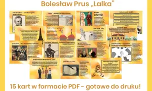Grafika przedstawia streszczenie powieści "Lalka" Bolesława Prusa, z podziałem na kluczowe aspekty: bohaterów, motywy, styl, czas akcji i znaczenie.