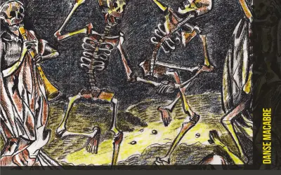 Szkielety tańczą w rytm muzyki granej przez jednego z nich. Obraz przedstawia taniec śmierci, danse macabre, w mrocznej, stylizowanej oprawie.