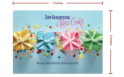 Kolorowe prezenty i konfetti na niebieskim tle. Napis "Zum Geburtstag Alles Gute" i "Mögen all deine Wünsche in Erfüllung gehen!" to życzenia urodzinowe po niemiecku.