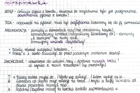 Struktura rozprawki maturalnej: wstęp, teza, argumentacja z kontekstem i wnioskami, zakończenie.