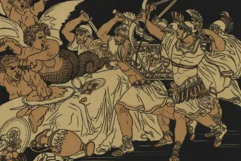 Odyseusz i jego towarzysze walczą z potworami. Scena z mitu, pełna akcji i dramatyzmu.