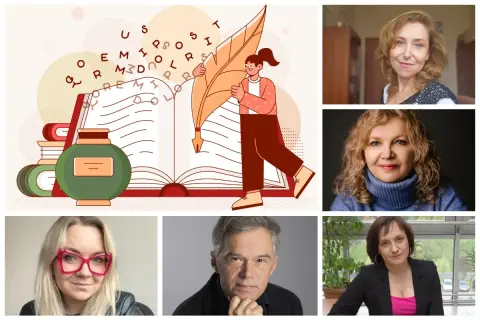 Ilustracja z otwartą księgą i piórem, obok portrety kobiet i mężczyzny. Moim zdaniem to panel dyskusyjny.