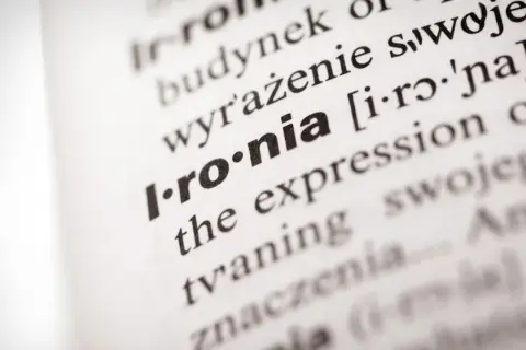 Słownikowa definicja słowa "ironia" z podaną wymową i angielskim tłumaczeniem. Tren 9 interpretacja.