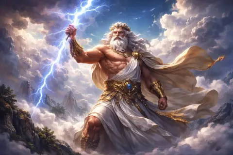 Potężny Zeus, władca Olimpu, dzierży piorun, unosząc się wśród chmur nad skalistymi szczytami.