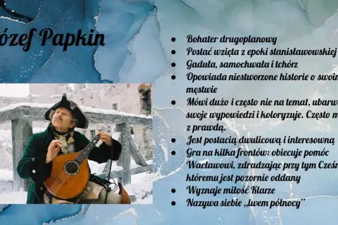 Józef Papkin, grający na lutni w zimowej scenerii, to postać z epoki stanisławowskiej. Jego zemsta jest pełna dwulicowości i przechwałek.