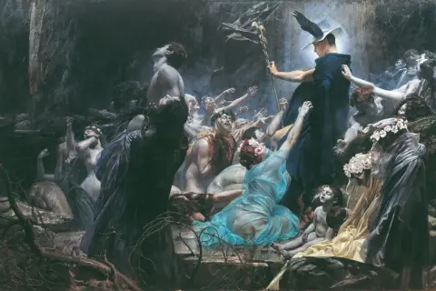 Hades bóg, władca świata podziemnego, w otoczeniu dusz pragnących wyzwolenia.