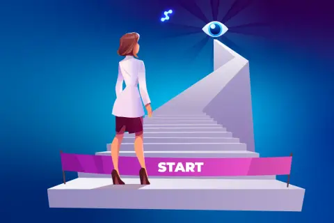 Kobieta w białej marynarce stoi przed schodami z napisem "START". Czy powinna zacząć wchodzić, czy wahać się?