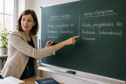 Nauczycielka wyjaśnia na tablicy różnicę między pełną a wersją eliptyczną zdania.
